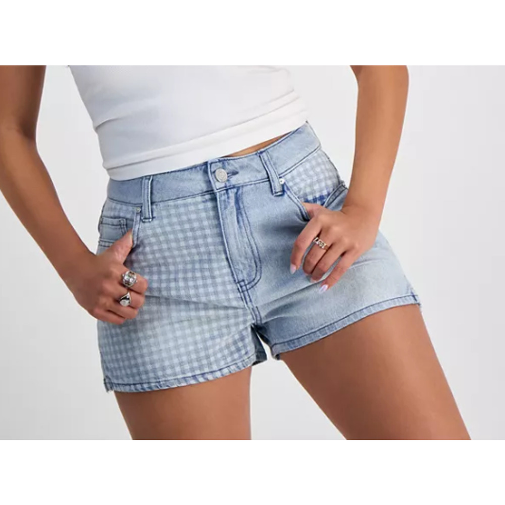 Indigo Rein Juniors' Gingham-Panel Mom Shorts Curvy Size 5